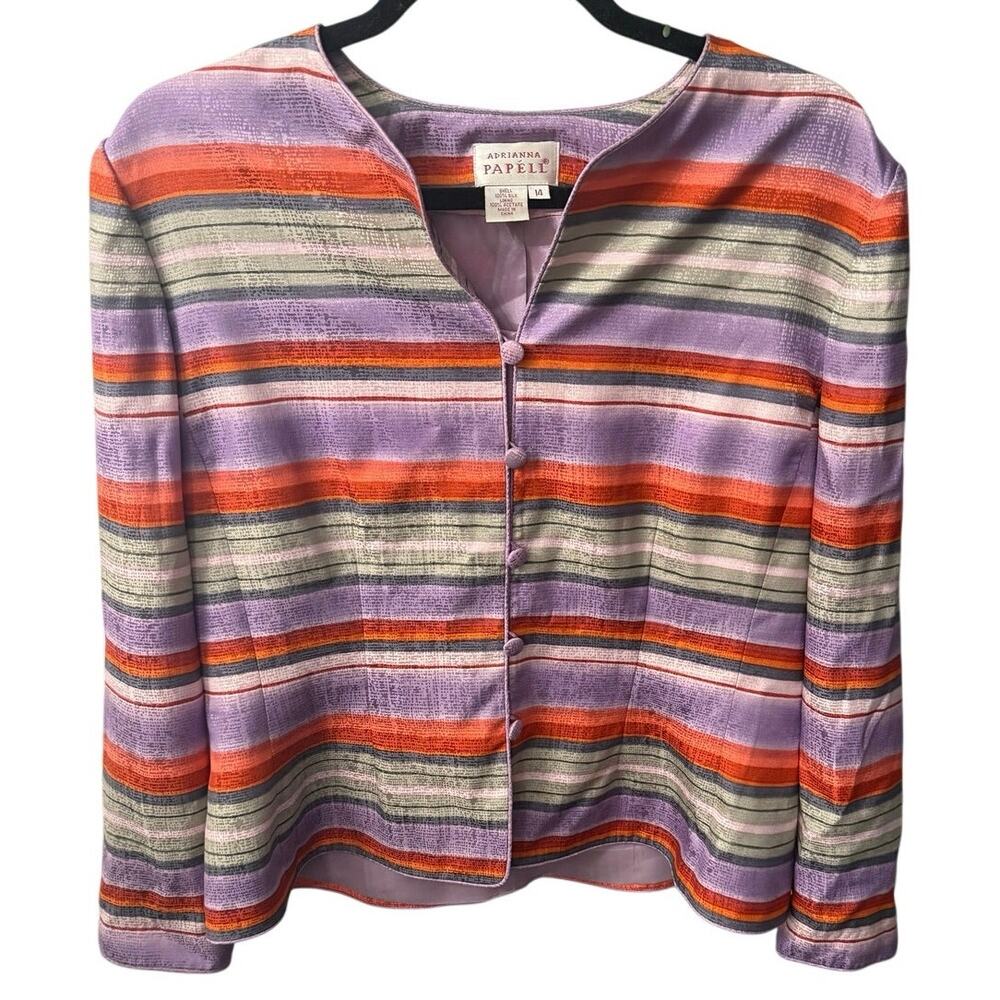 Vintage Striped Adrianna Papell 100% Silk Blazer Size 14